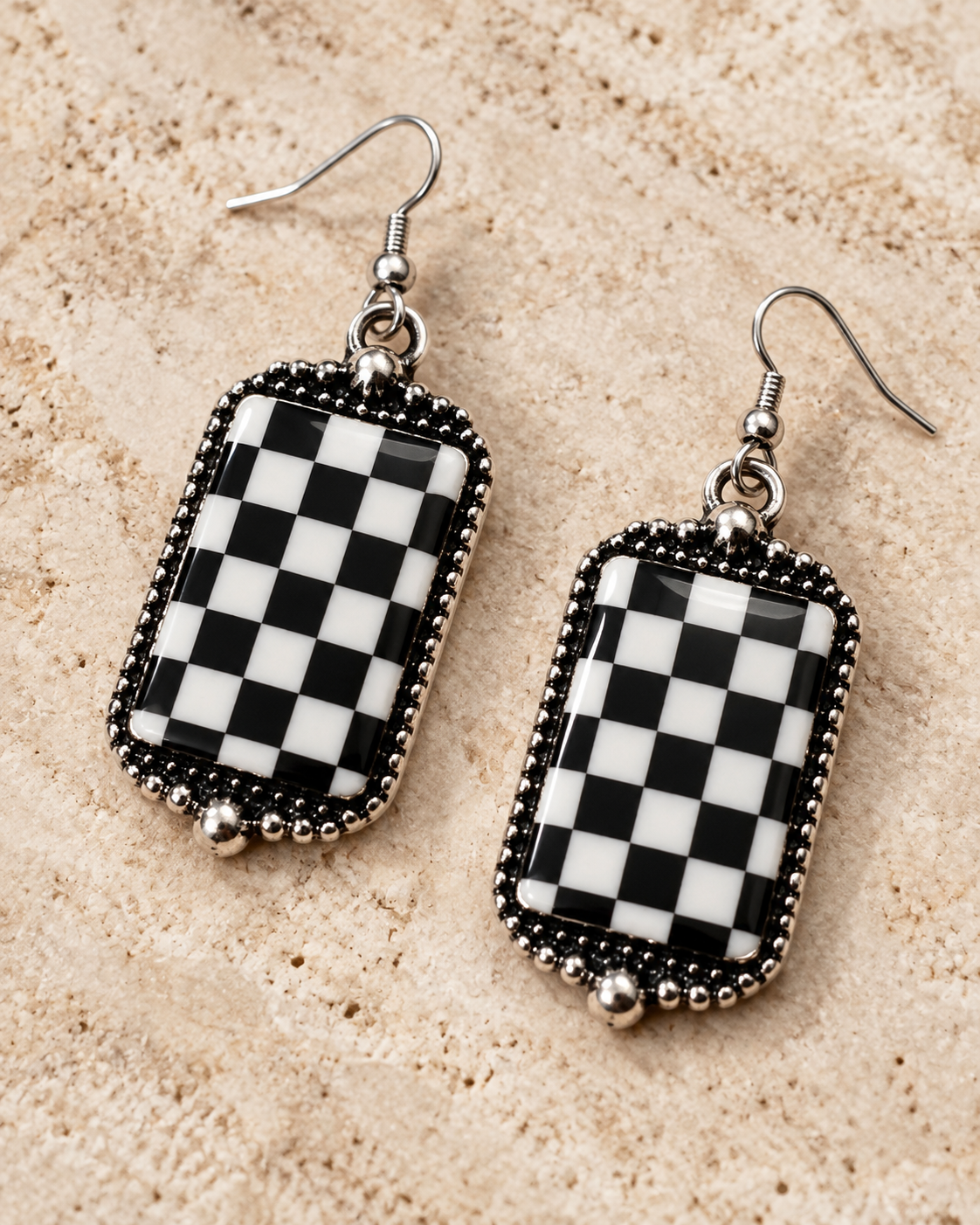 Western Black & White Checkered Rectangle Drop Earrings