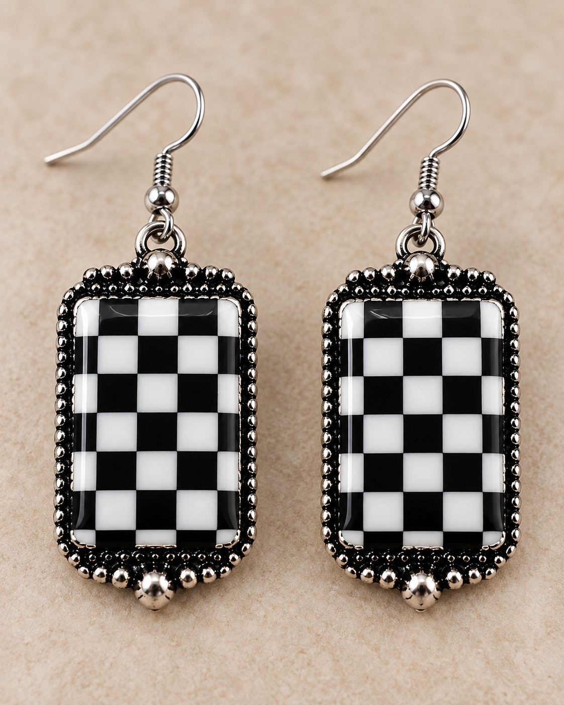Western Black & White Checkered Rectangle Drop Earrings