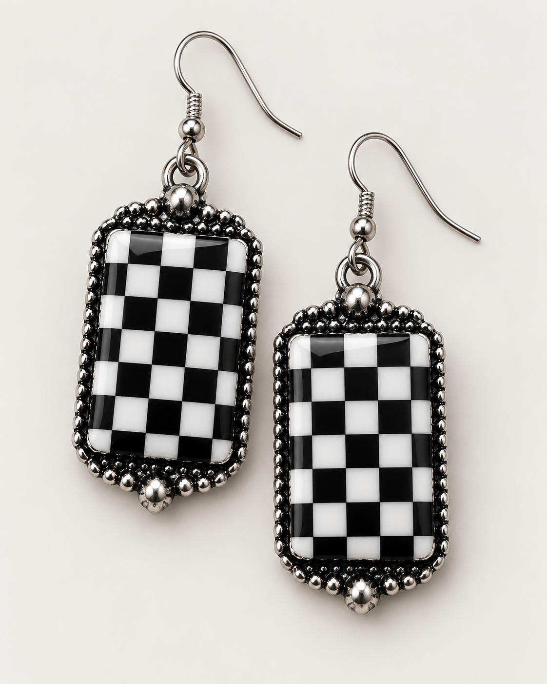 Western Black & White Checkered Rectangle Drop Earrings