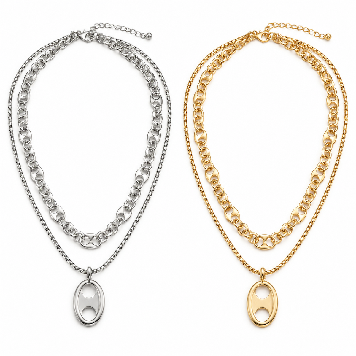 Two double-strand chain necklaces with oval double-hole pendants, shown side by side on a white background. The left necklace is silver-toned, and the right necklace is gold-toned.
