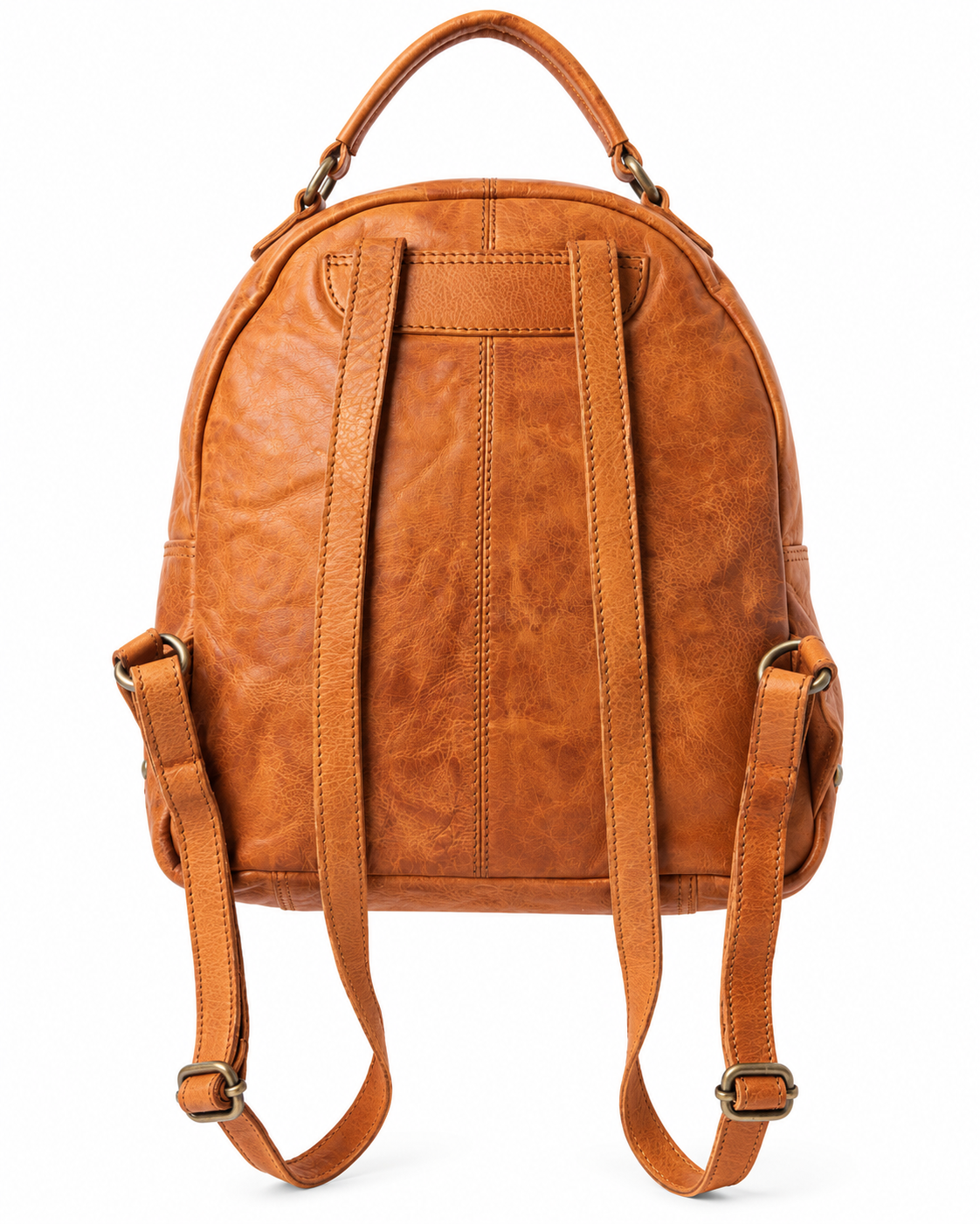 A warm cognac brown faux-leather backpack with a top handle and adjustable shoulder straps, shown from the back on a white background.
