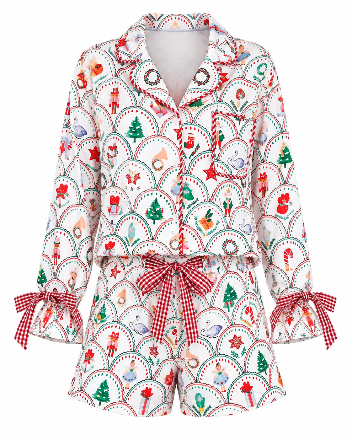 White Christmas Scallop Print Pajama Shorts Set