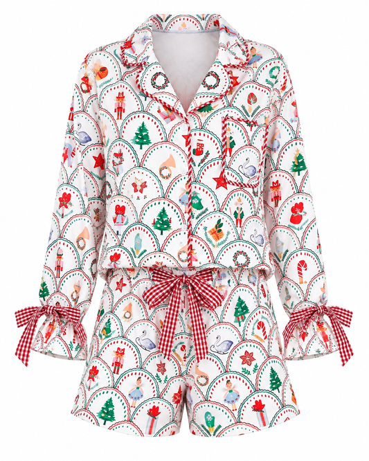White Christmas Scallop Print Pajama Shorts Set