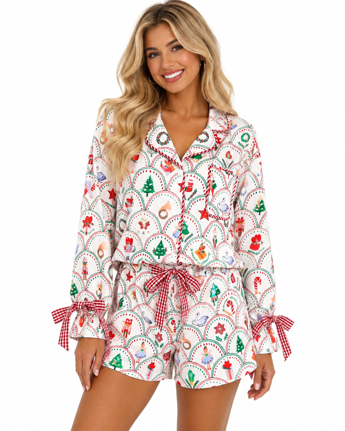 White Christmas Scallop Print Pajama Shorts Set