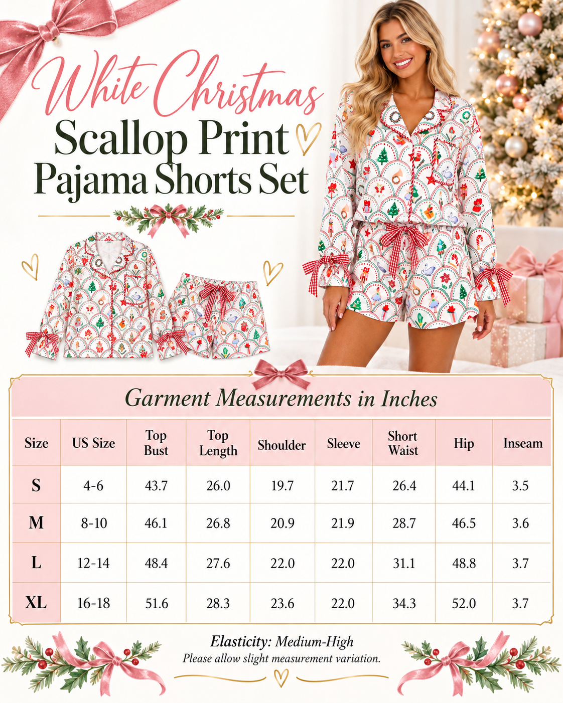 White Christmas Scallop Print Pajama Shorts Set