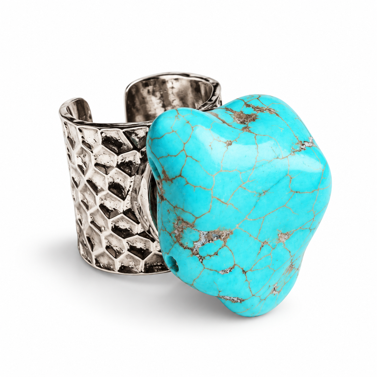 Turquoise Chunk Adjustable Silver-Tone Cuff Statement Ring