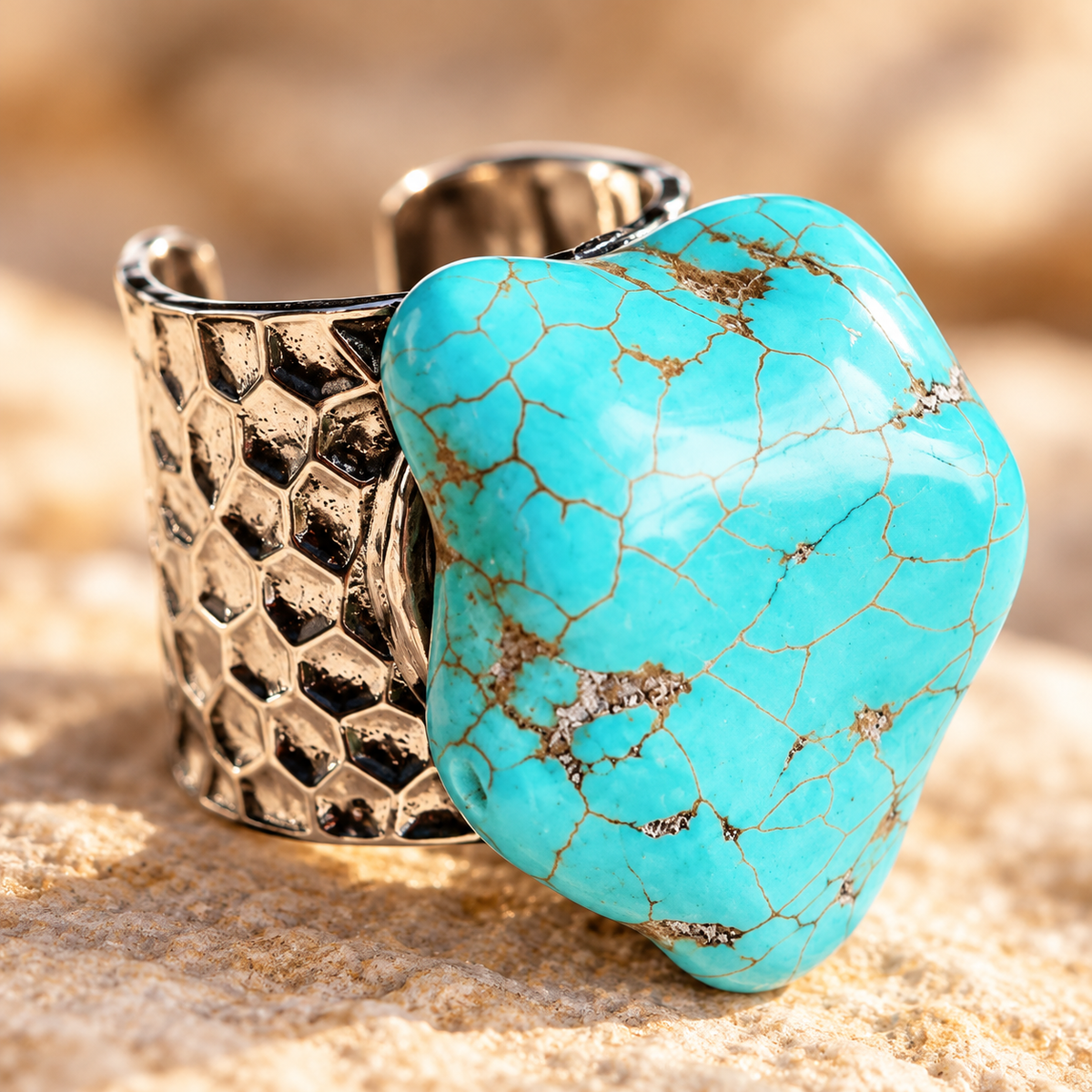 Turquoise Chunk Adjustable Silver-Tone Cuff Statement Ring