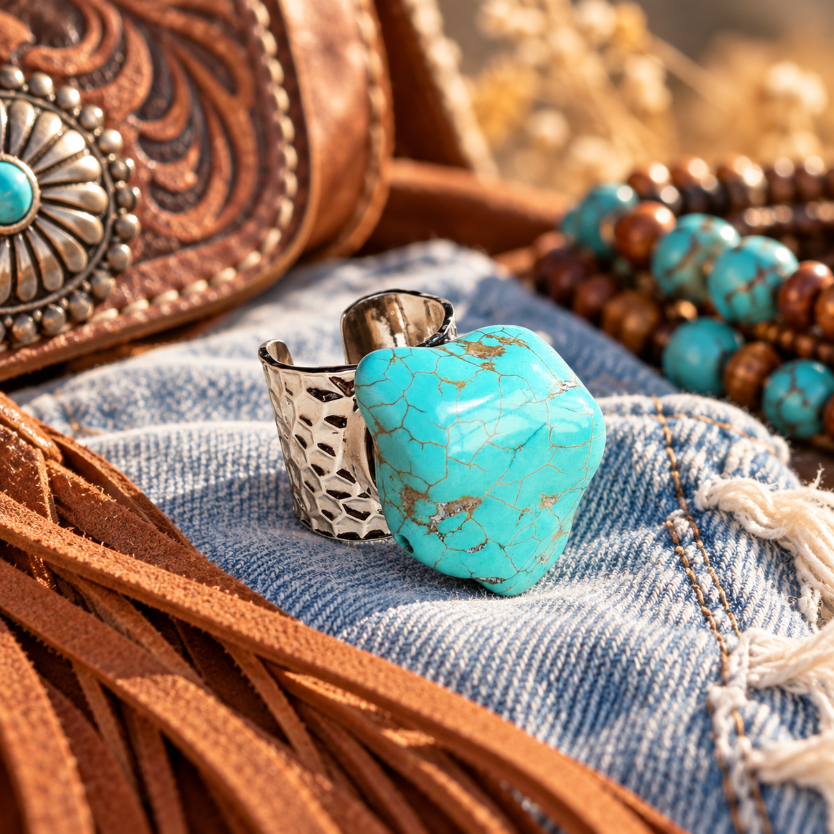 Turquoise Chunk Adjustable Silver-Tone Cuff Statement Ring
