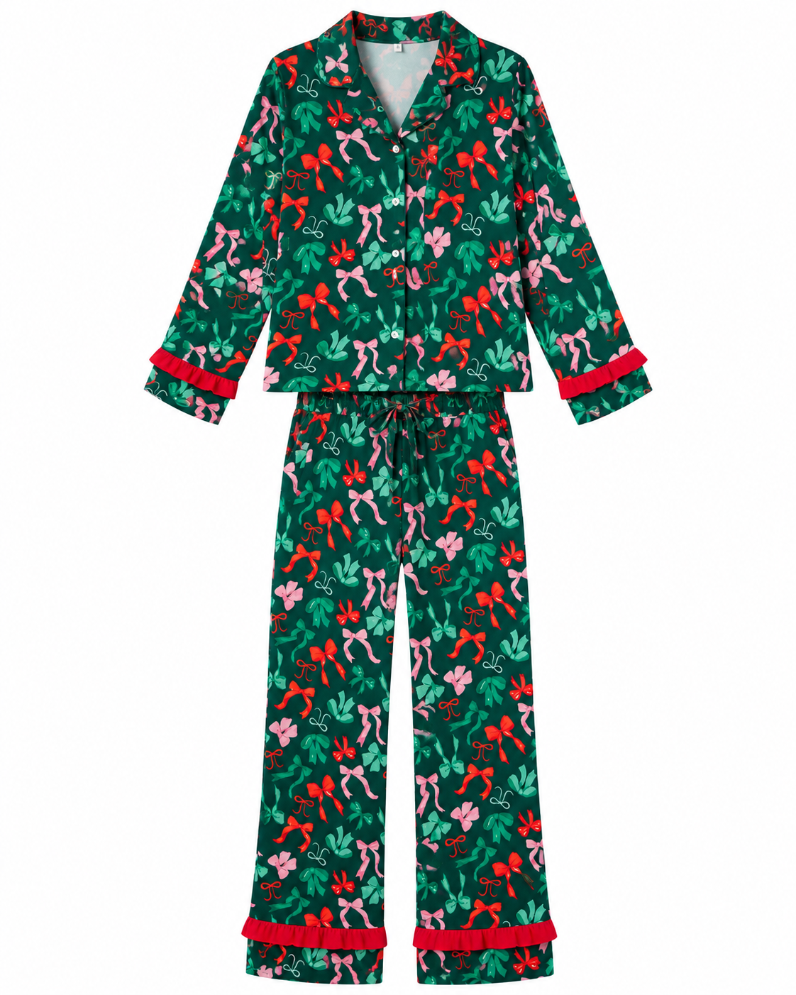 Green Christmas Bow Print Pajama Pants Set | Ruffle Trim
