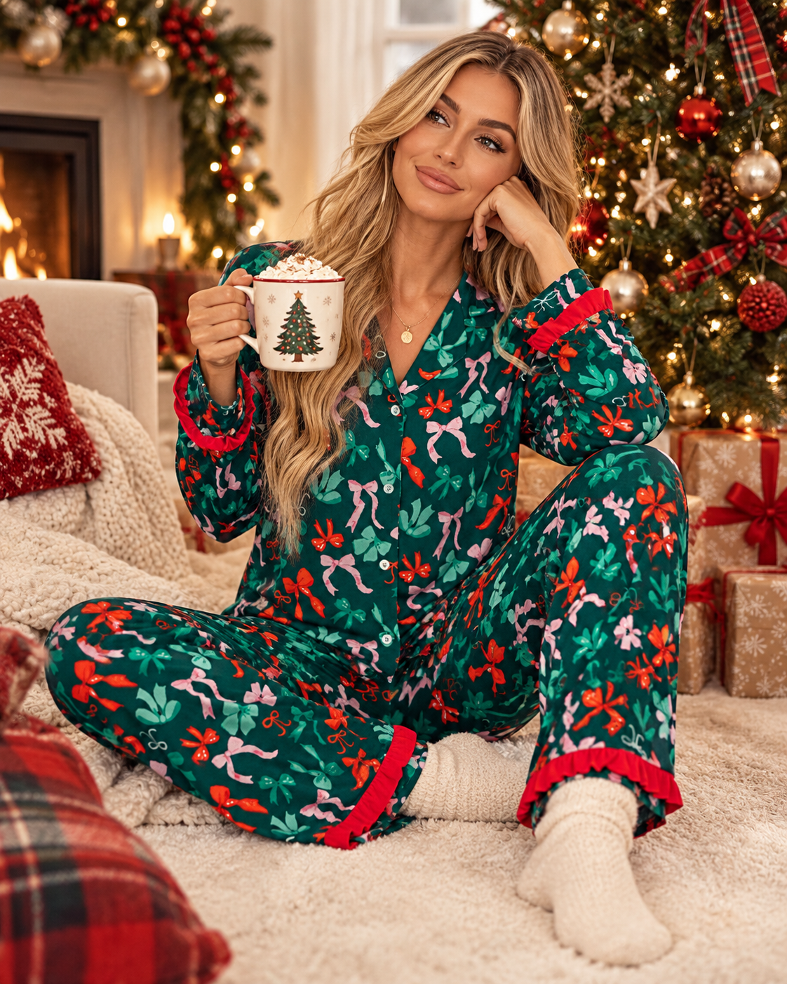 Green Christmas Bow Print Pajama Pants Set | Ruffle Trim