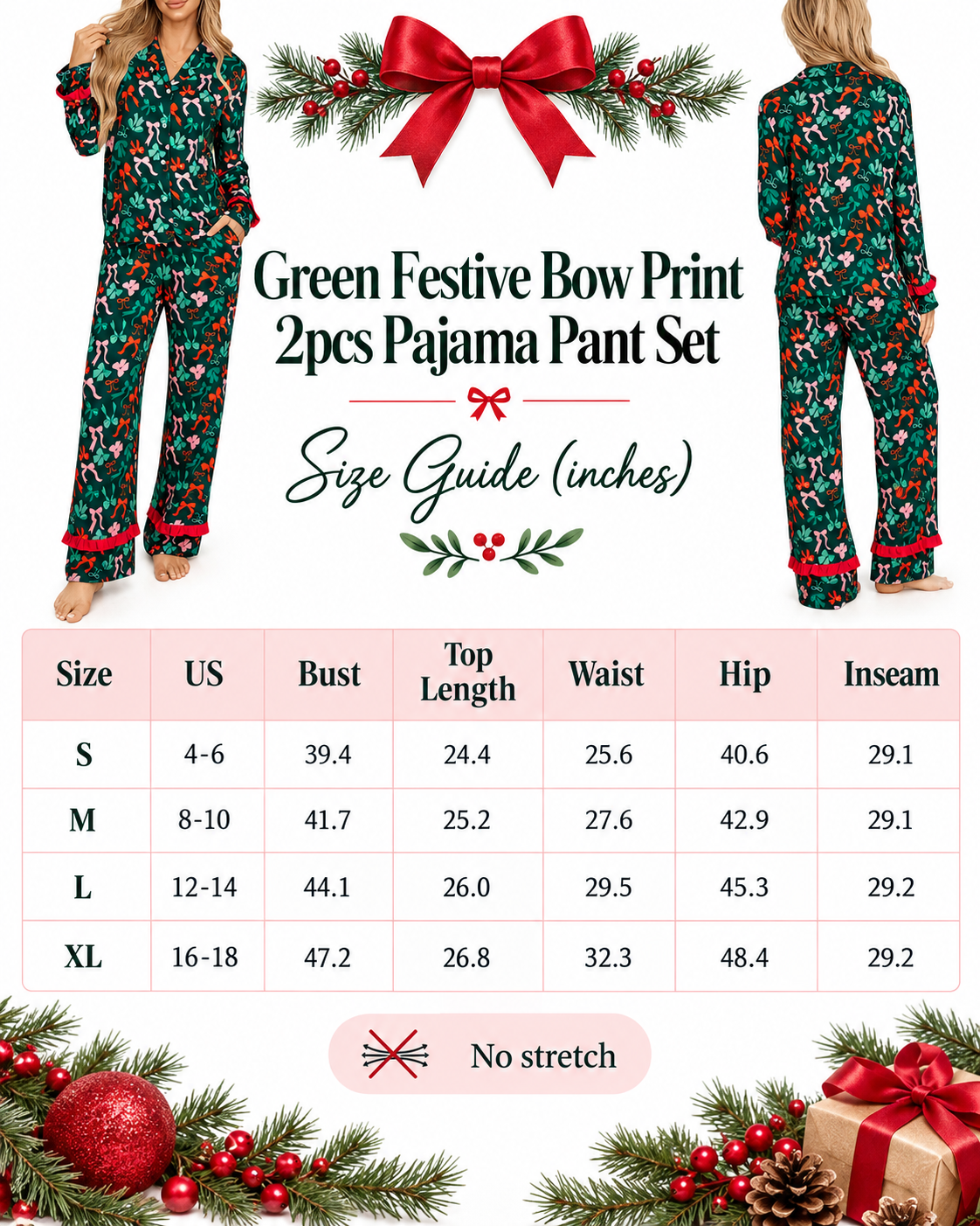 Green Christmas Bow Print Pajama Pants Set | Ruffle Trim