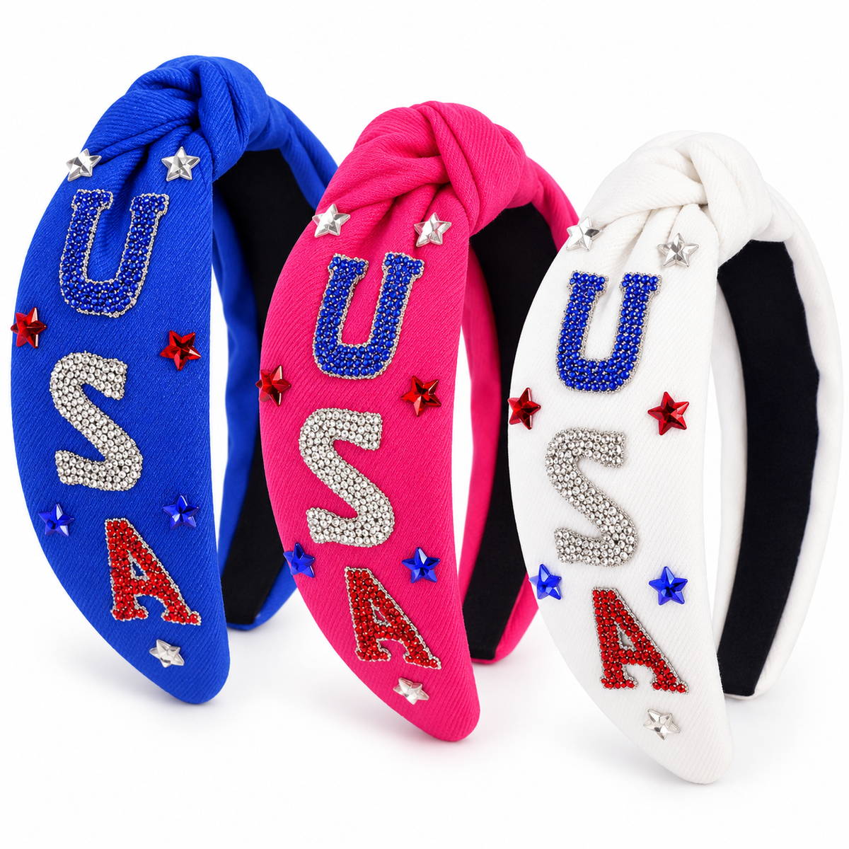 Glam USA Rhinestone Knotted Headband – Red, White & Blue Patriotic Style