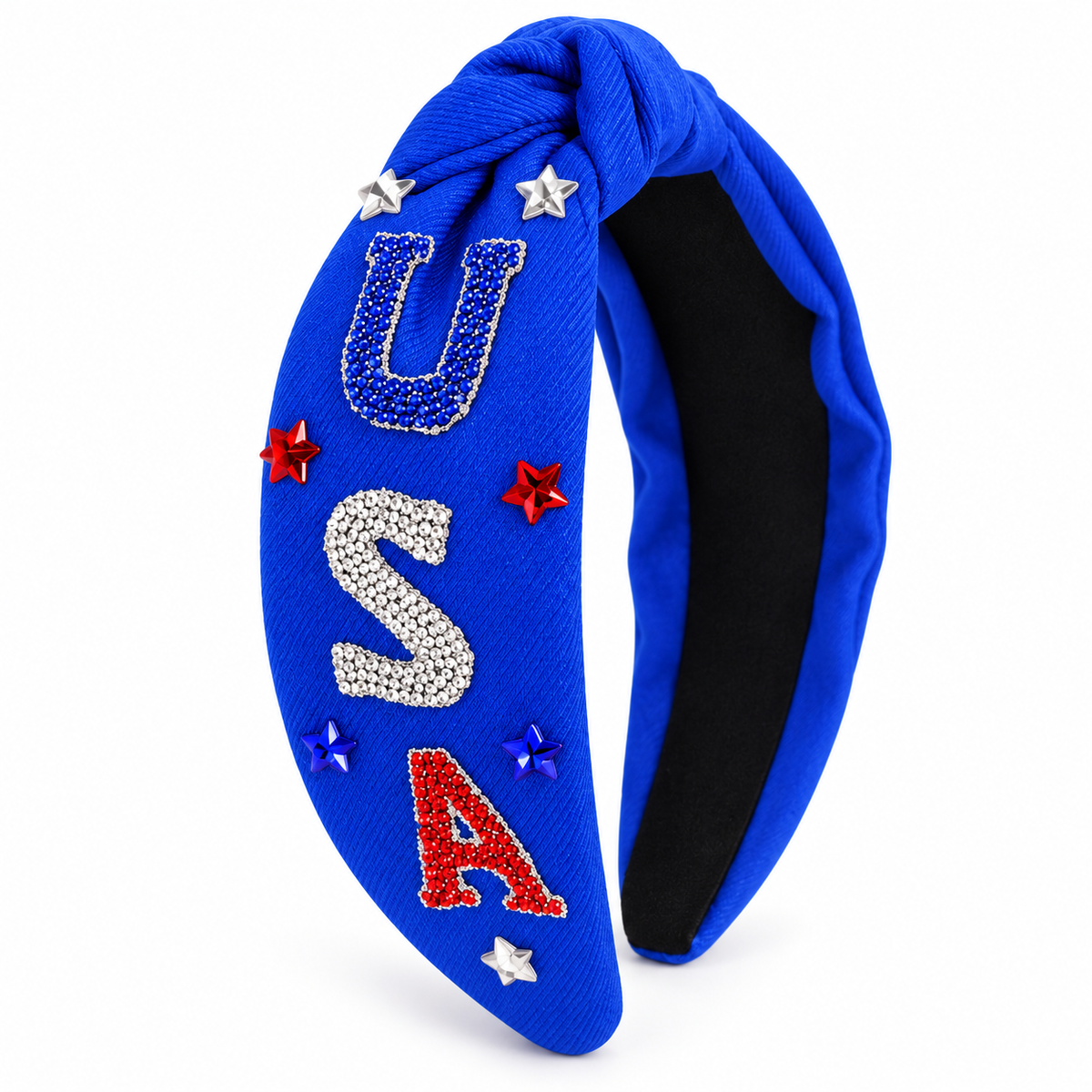 Glam USA Rhinestone Knotted Headband – Red, White & Blue Patriotic Style