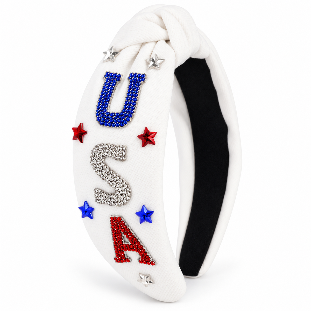 Glam USA Rhinestone Knotted Headband – Red, White & Blue Patriotic Style