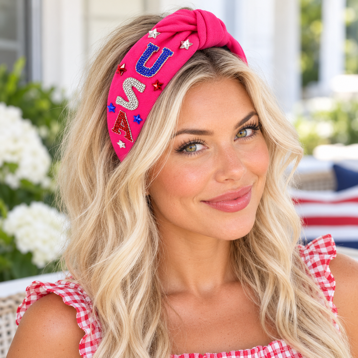 Glam USA Rhinestone Knotted Headband – Red, White & Blue Patriotic Style