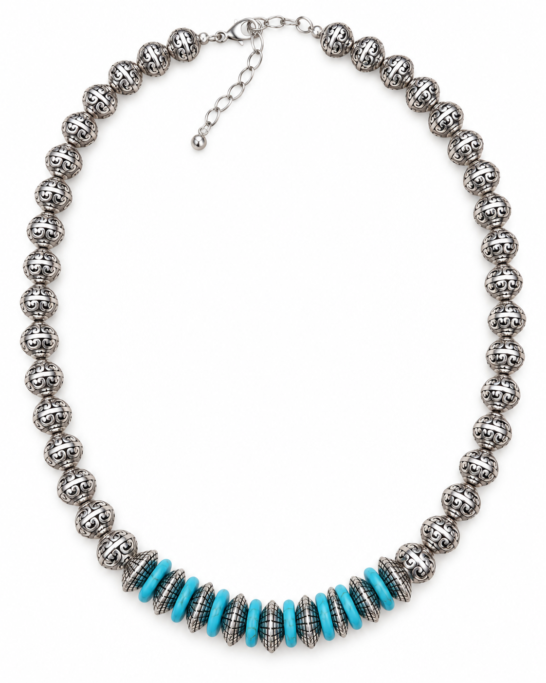Western Stamped Silver-Tone Pearl & Faux Turquoise Saucer Necklace — 24"