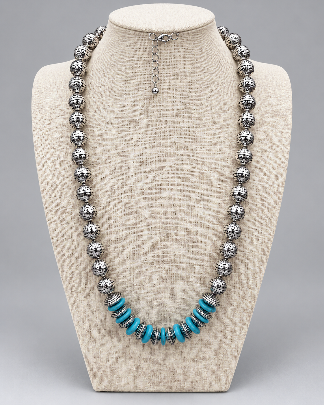 Western Stamped Silver-Tone Pearl & Faux Turquoise Saucer Necklace — 24"