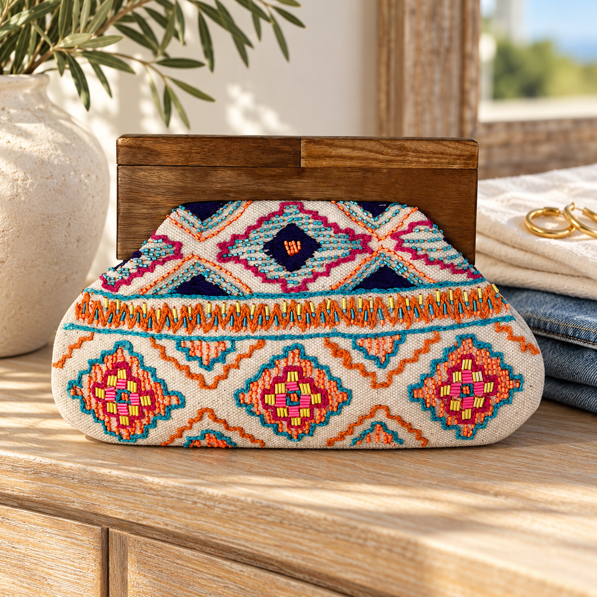 The Desert Bloom Beaded Clutch | Colorful Geometric Wooden Frame Bag