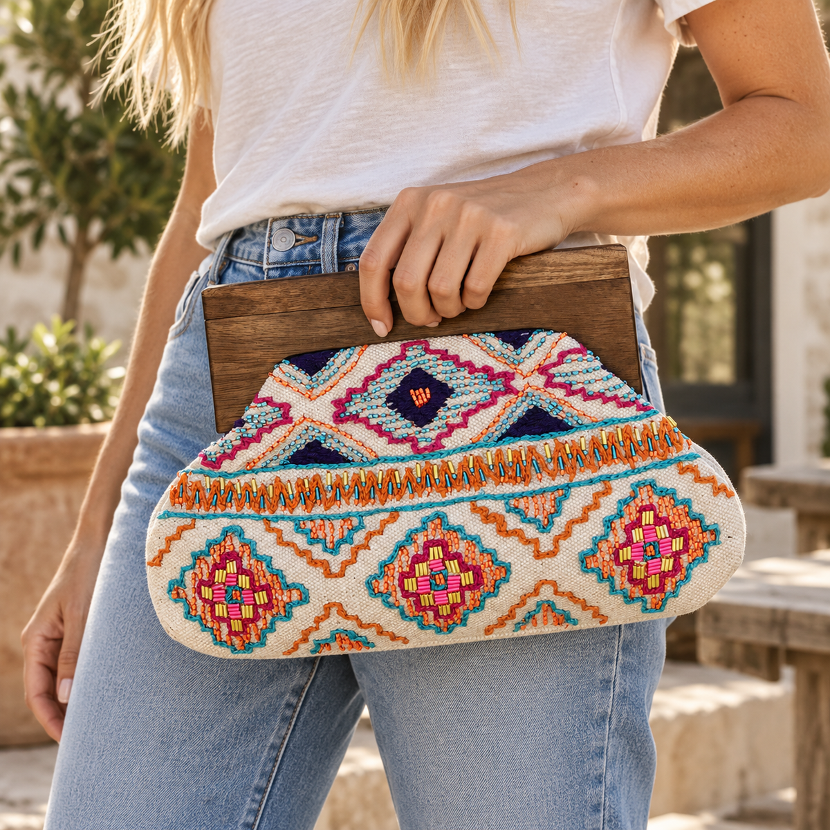 The Desert Bloom Beaded Clutch | Colorful Geometric Wooden Frame Bag