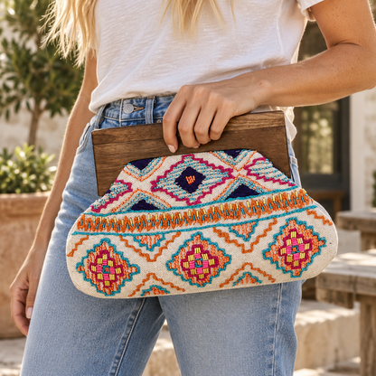 The Desert Bloom Beaded Clutch | Colorful Geometric Wooden Frame Bag