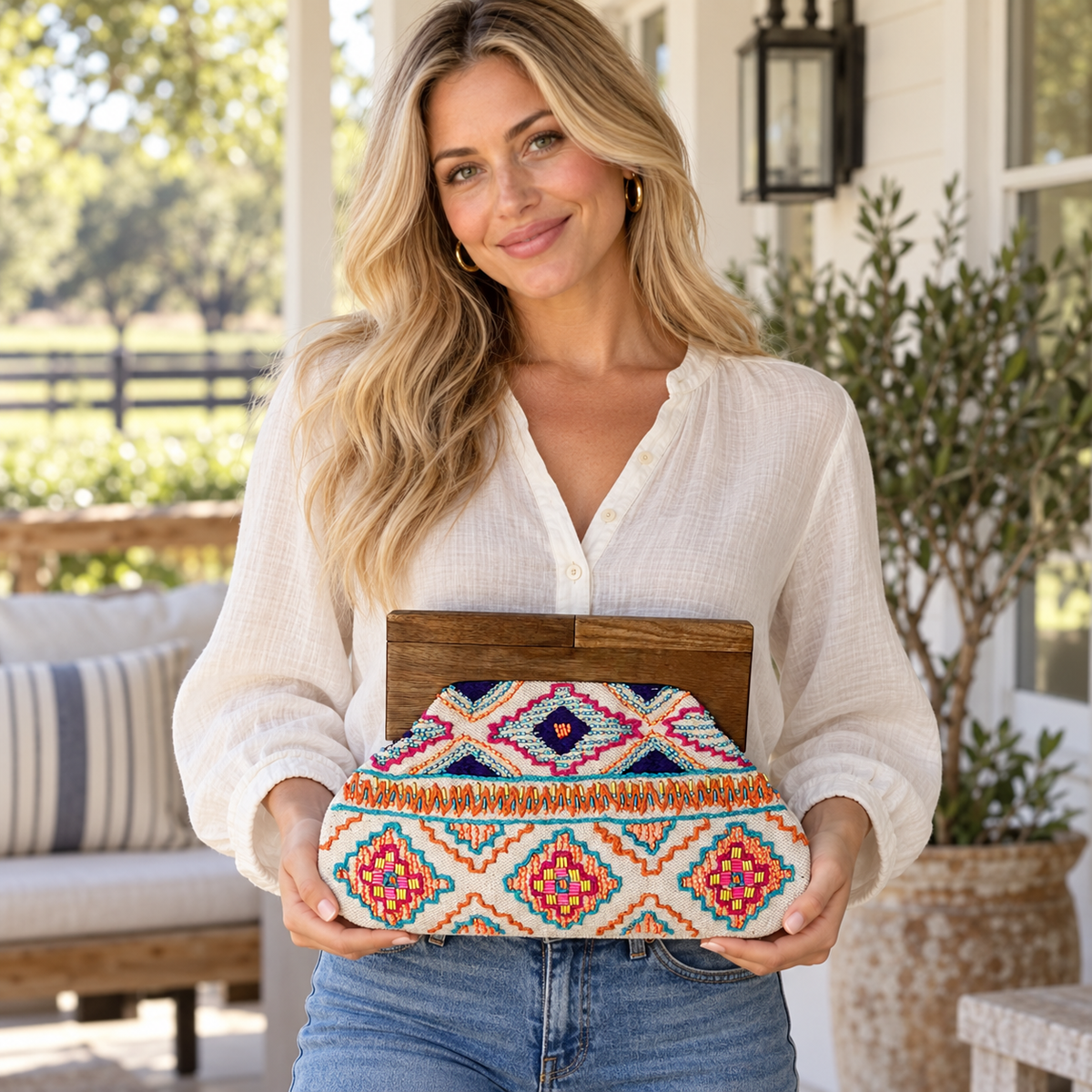 The Desert Bloom Beaded Clutch | Colorful Geometric Wooden Frame Bag