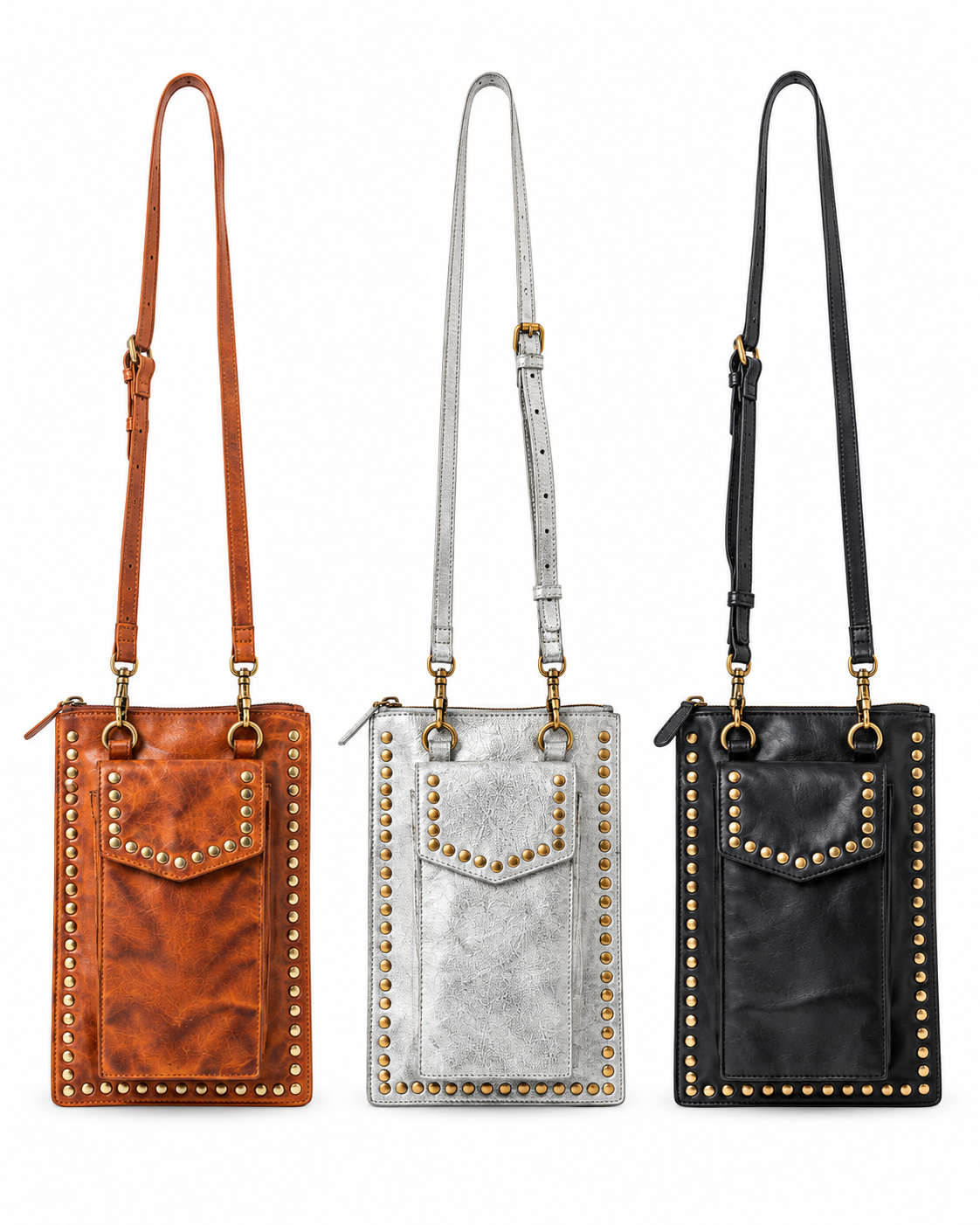Three leather crossbody phone bags with gold-tone studs and straps, shown side by side in brown, silver, and black on a white background.