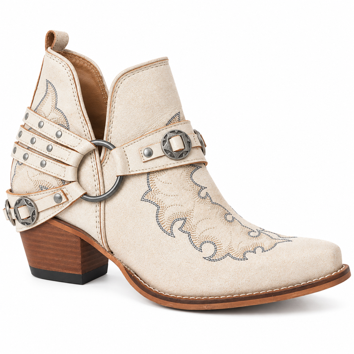 Myra Western Ember Genuine Leather Embroidered Ankle Booties – Ivory
