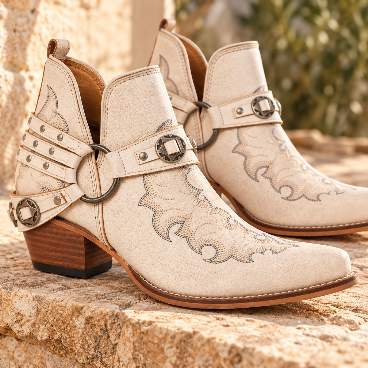 Myra Western Ember Genuine Leather Embroidered Ankle Booties – Ivory