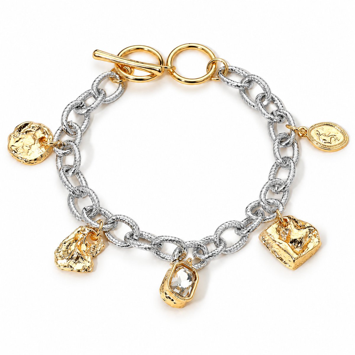 Two-Tone Textured Charm Chunky Chain Bracelet