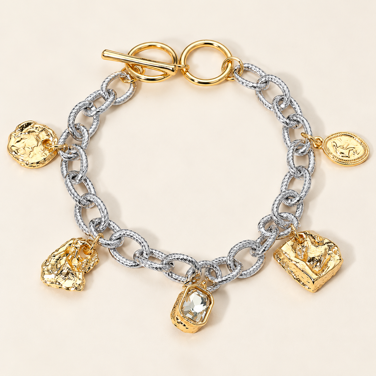 Two-Tone Textured Charm Chunky Chain Bracelet