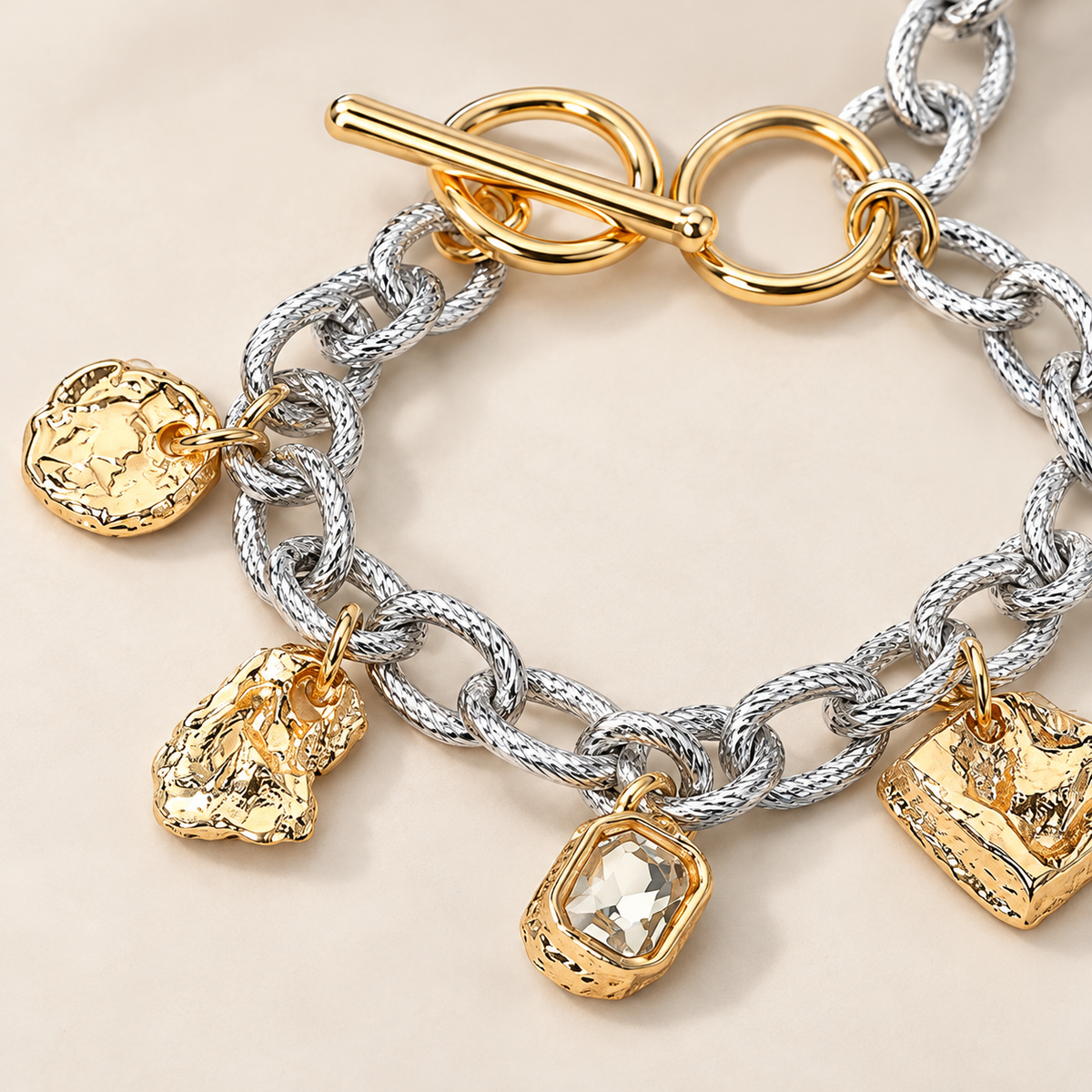 Two-Tone Textured Charm Chunky Chain Bracelet