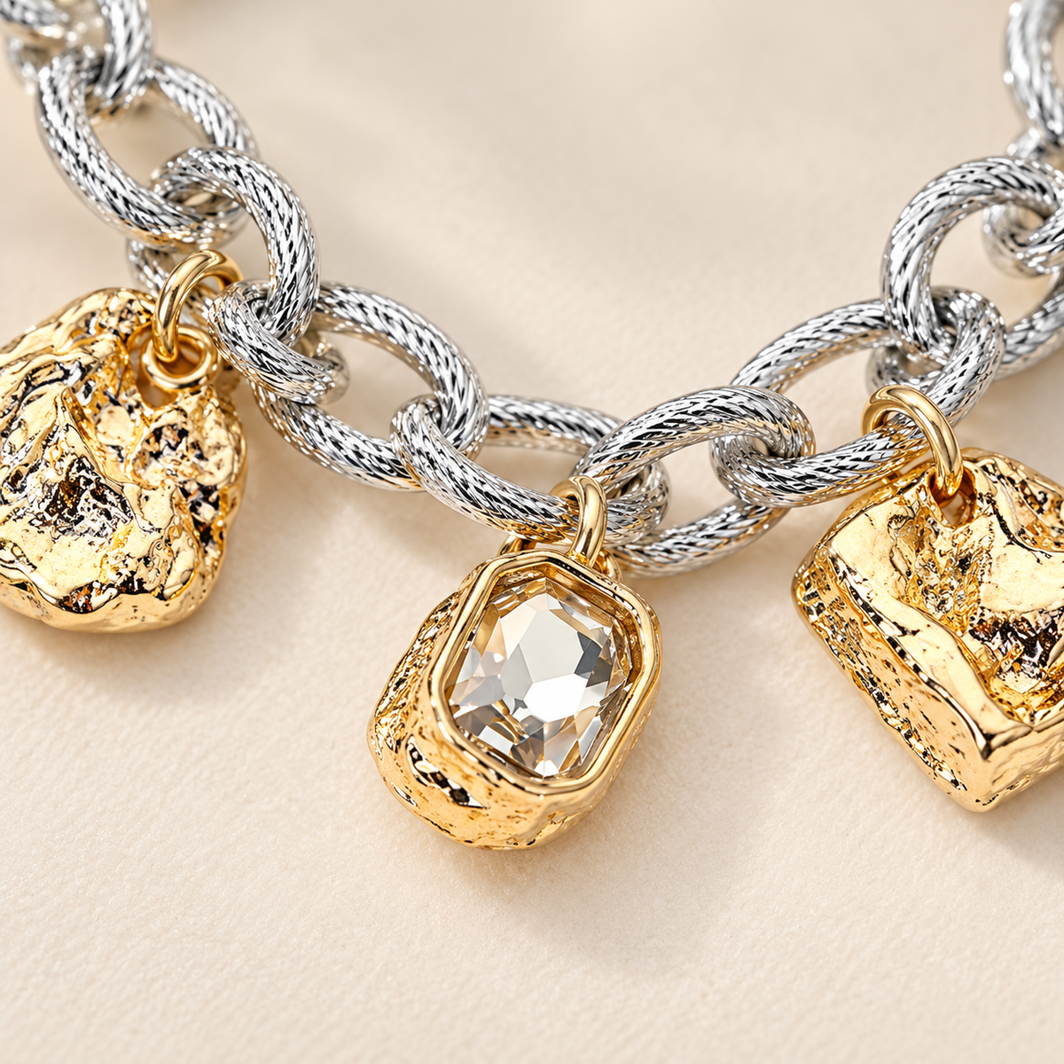 Two-Tone Textured Charm Chunky Chain Bracelet