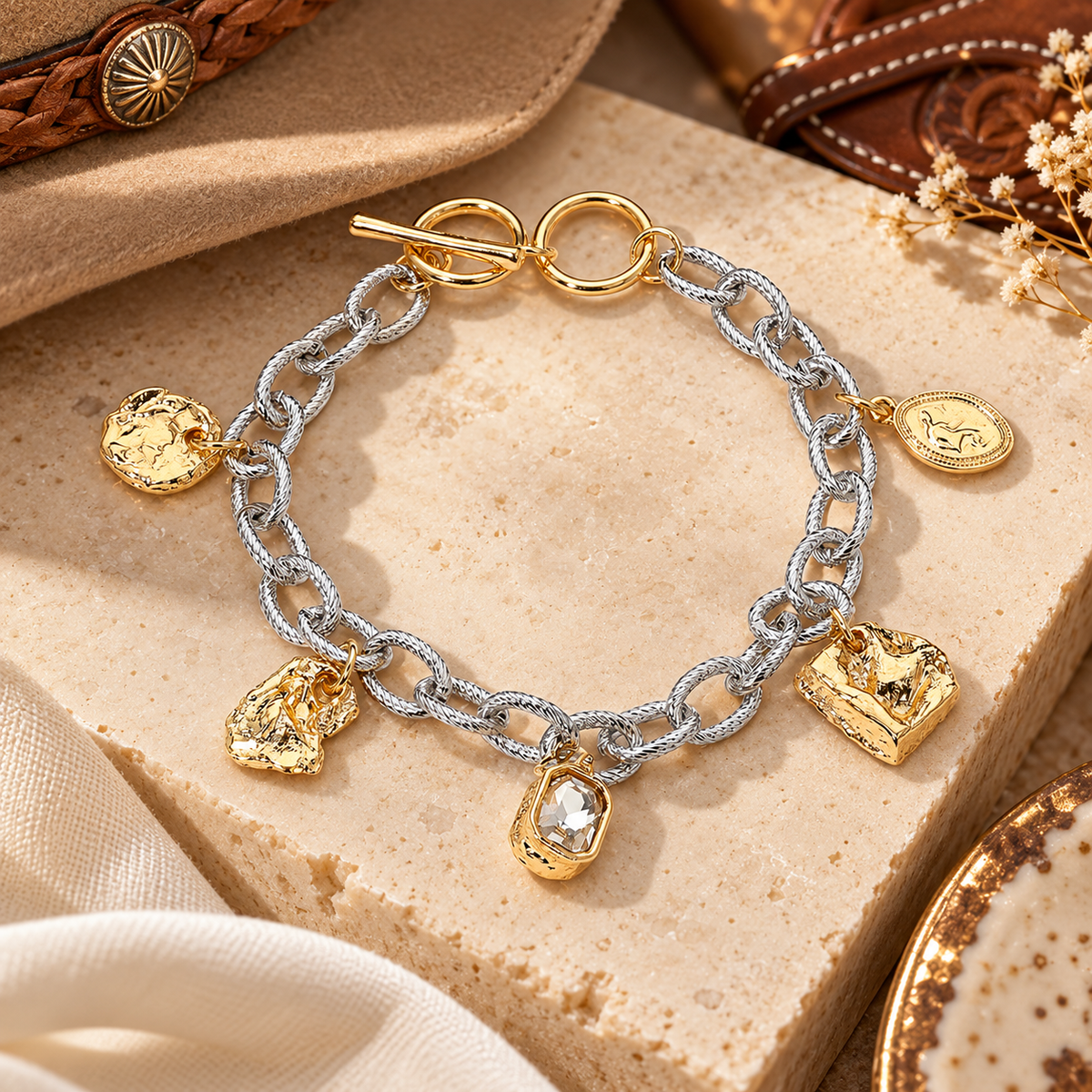 Two-Tone Textured Charm Chunky Chain Bracelet