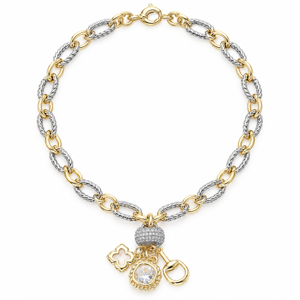 Two-Tone Equestrian CZ Charm Necklace | 14K Gold Plated
