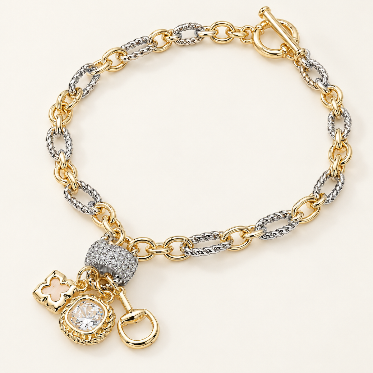 Two-Tone Equestrian CZ Charm Necklace | 14K Gold Plated