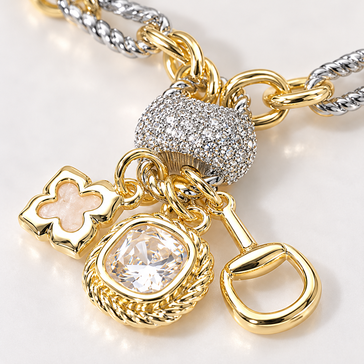 Two-Tone Equestrian CZ Charm Necklace | 14K Gold Plated