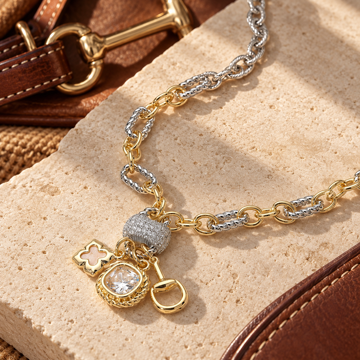 Two-Tone Equestrian CZ Charm Necklace | 14K Gold Plated