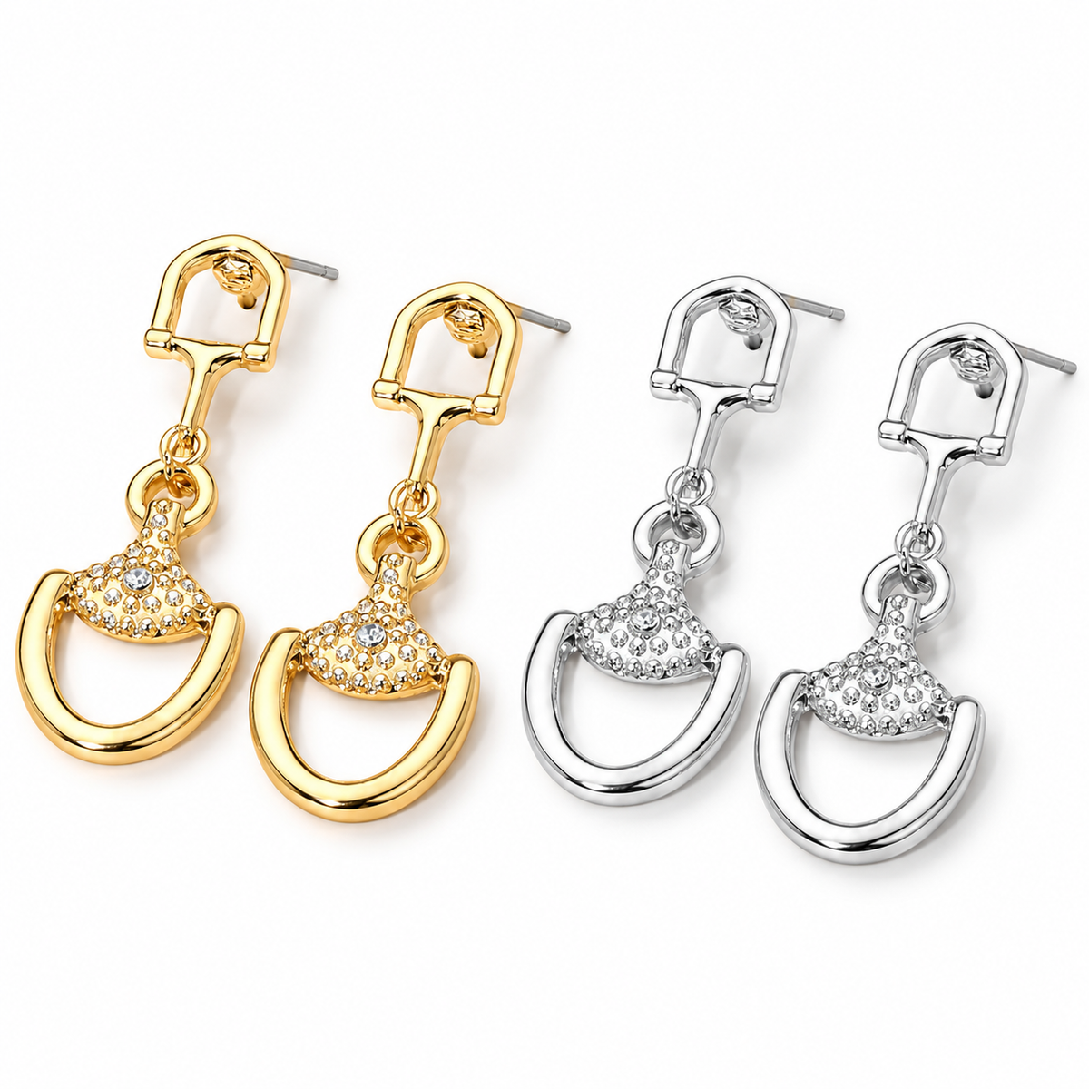 Crystal Pavé Horsebit Drop Earrings | Gold or Silver