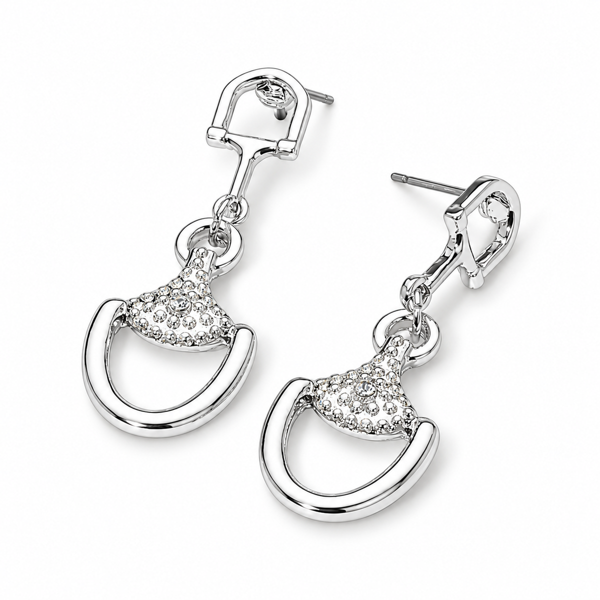 Crystal Pavé Horsebit Drop Earrings | Gold or Silver