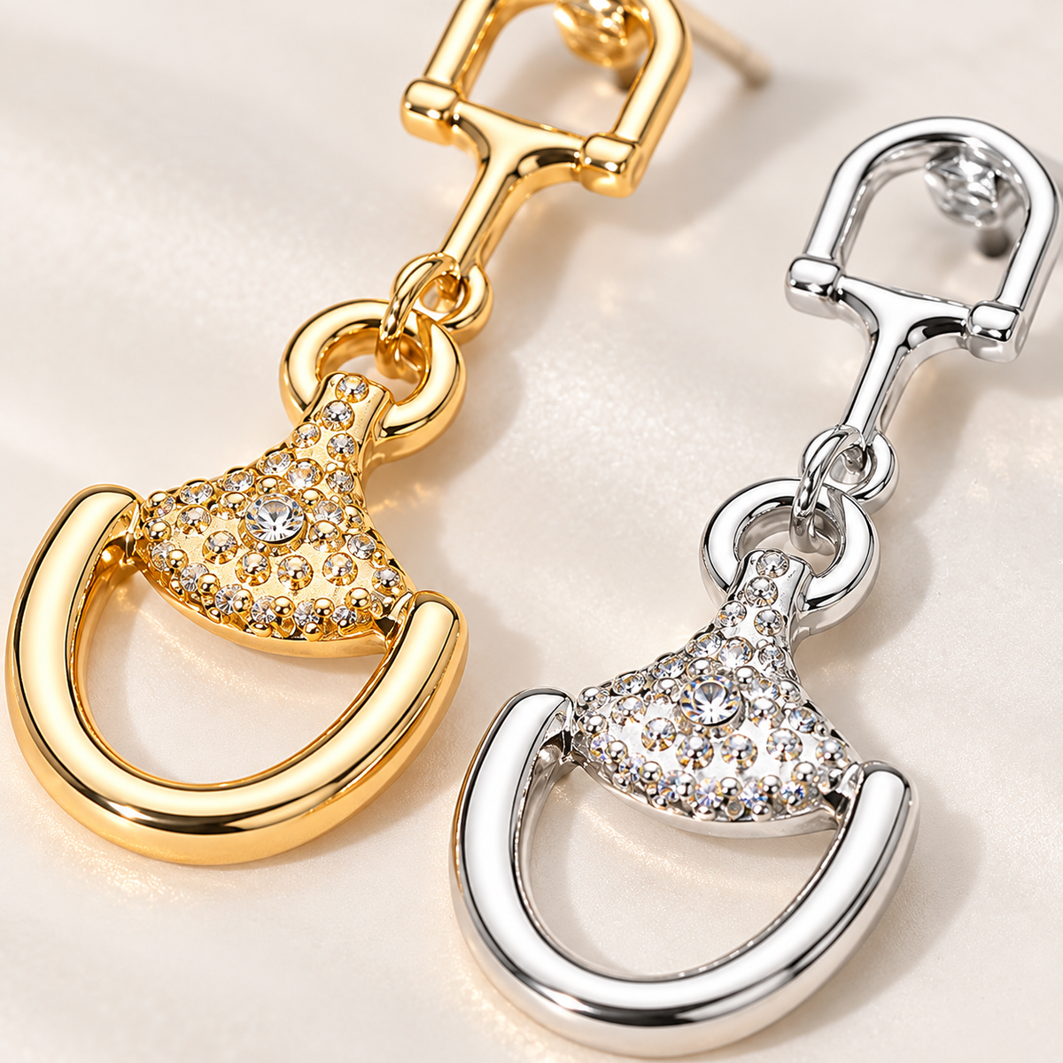 Crystal Pavé Horsebit Drop Earrings | Gold or Silver