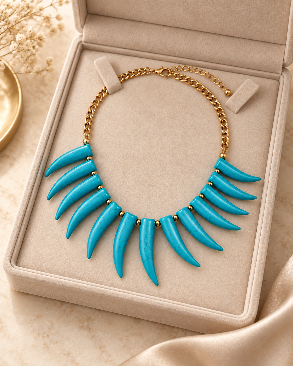 A statement necklace with twelve bright turquoise blue claw-shaped elements attached to a gold chain, displayed inside a beige jewelry box.