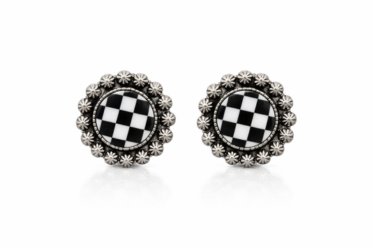 Midnight Checkered Concho Stud Earrings