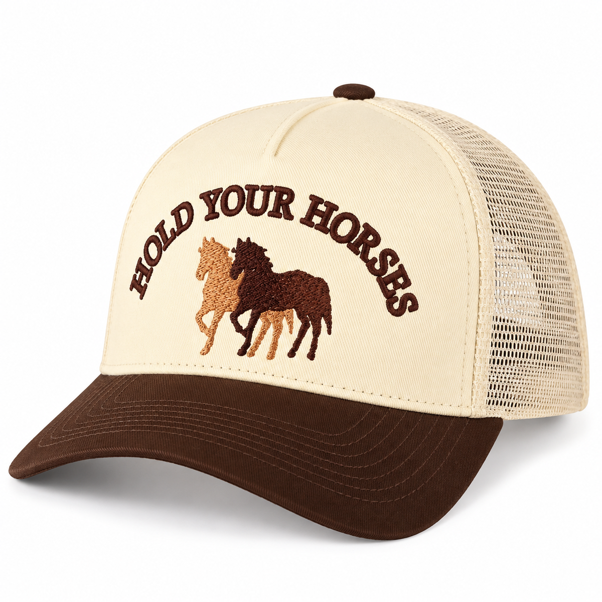 C.C Hold Your Horses Embroidered Trucker Hat | Brown & Cream