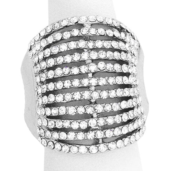 Silver Rhinestone Wide Stretch Statement Ring