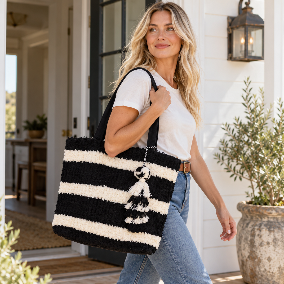 The Monochrome Moment Fuzzy Striped Tote Bag