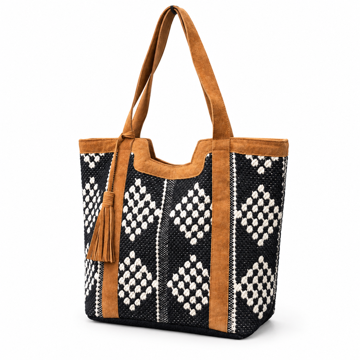 The Aspen Social Diamond Tote | Black & White Leather-Trimmed Bag