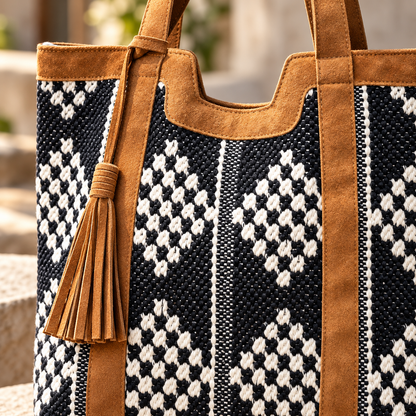 The Aspen Social Diamond Tote | Black & White Leather-Trimmed Bag