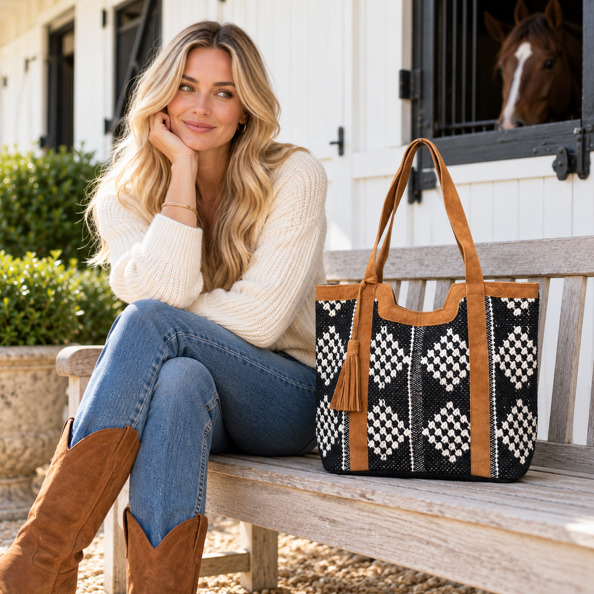 The Aspen Social Diamond Tote | Black & White Leather-Trimmed Bag