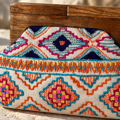 The Desert Bloom Beaded Clutch | Colorful Geometric Wooden Frame Bag