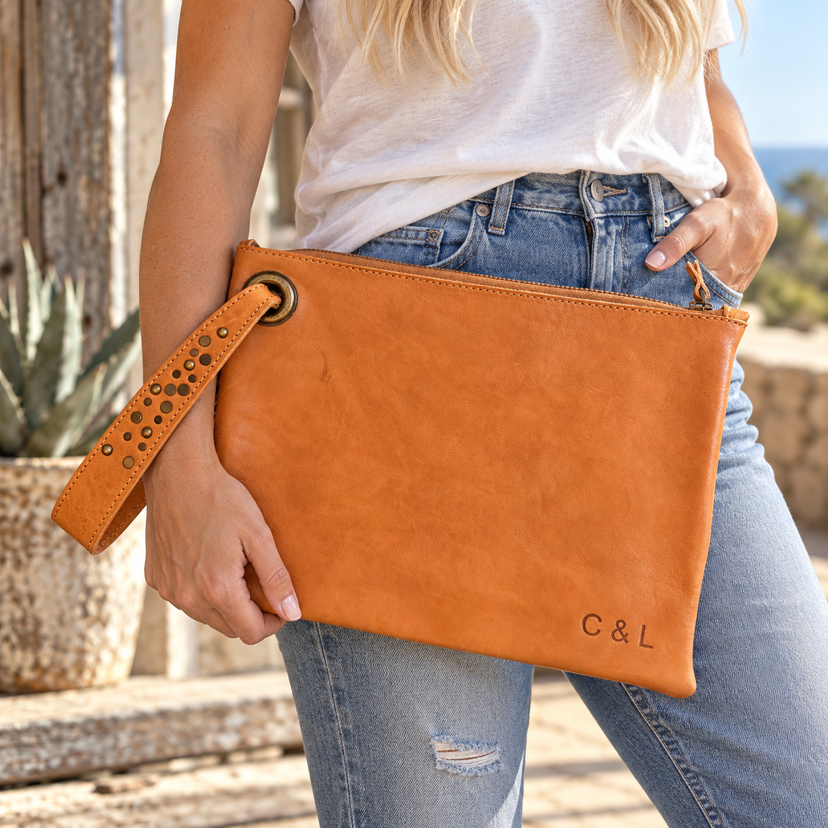 The Saddle House Camel Wristlet | Western-Inspired Zip Clutch